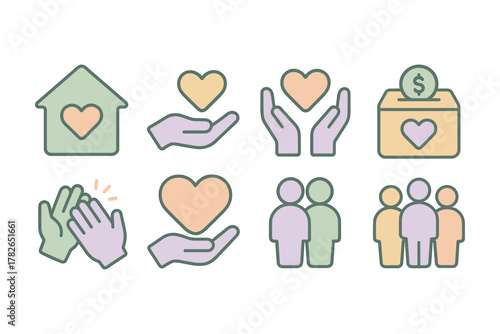 Charity and volunteer icons - heart, donation, and community symbols in flat style