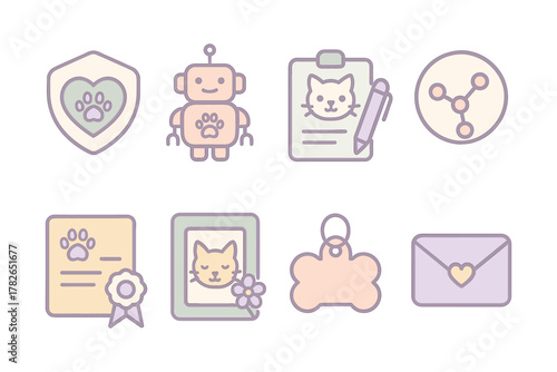 Animal care icons set featuring robot, cat, and heart design in pastel colors