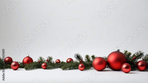 Weihnachtsgirlande mit roten Christbaumkugeln auf weißem Hintergrund