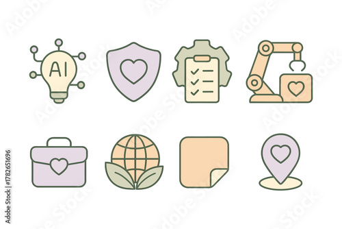 Pastel colored technology and sustainability icons with heart motif