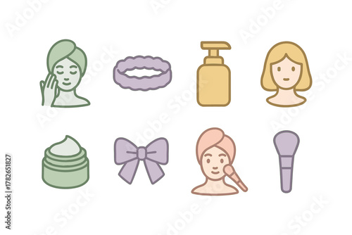 Minimalist beauty icons set featuring skincare, haircare, and makeup elements
