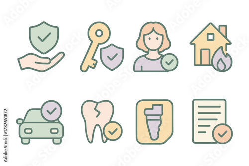 Pastel outline icons representing security, insurance, and safety elements