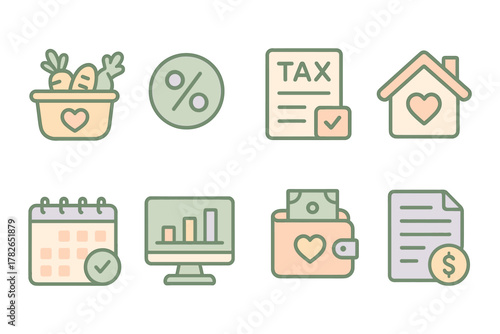 Pastel financial and household icon set: home, taxes, savings, and more