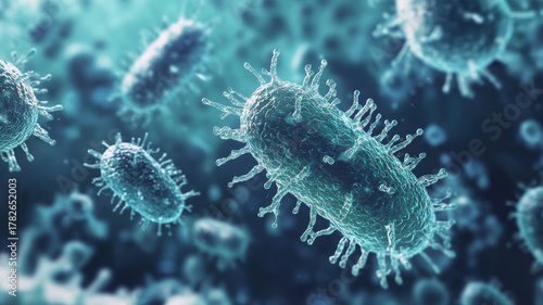 Close up view of several microscopic viruses with spikes on a teal blue gradient background scene