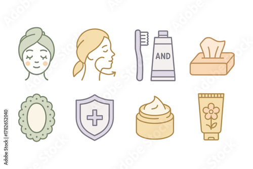 Beauty and skincare essentials: flat icon set for self-care routine