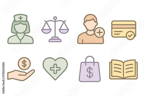 Flat style icons for medical, legal, finance, and shopping concepts