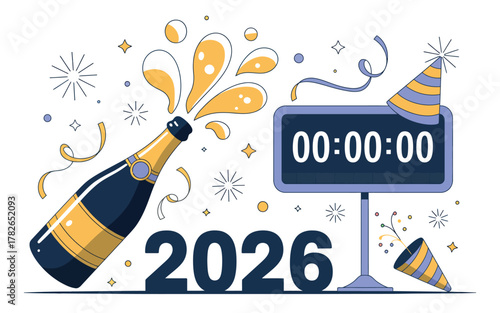 A celebratory bottle of champagne pops open next to a digital clock showing 00:00:00 and the year 2026 signifying New Year's Eve.