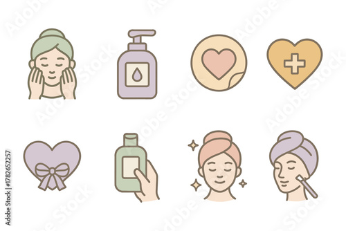 Simple skincare and wellness icons in pastel colors