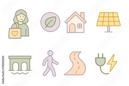 Eco-friendly living: simple icons of sustainable lifestyle and renewable energy