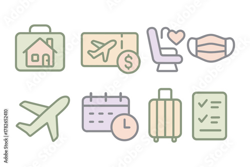 Travel planning essentials in minimalist pastel design featuring airplane, suitcase, and safety icons