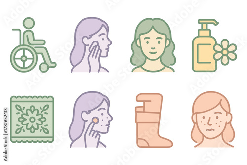 Medical and cosmetic care icons in pastel colors for health and beauty
