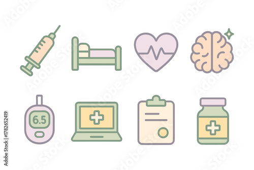Pastel medical icons set featuring syringe, heartbeat, and brain symbols