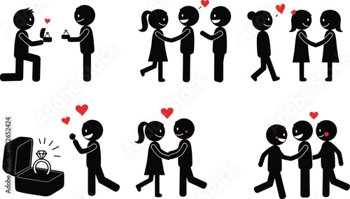 Romantic stick figure illustration, love couple artwork, proposal vector design, relationship silhouettes, heart symbol drawing, affectionate cartoon characters, wedding engagement icon
