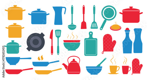 A vibrant collection of kitchen utensils and cookware for culinary creations.