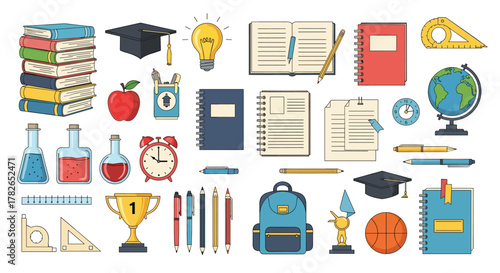 A colorful collection of school and educational supplies presented in a pixel art style.