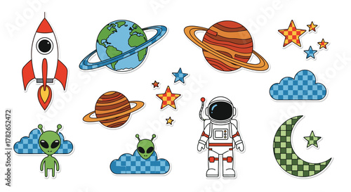Pixel art celestial bodies and space exploration elements for digital designs.