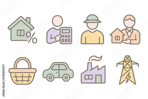 Simple pastel icons representing home life, shopping, and industry