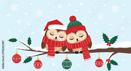 Two adorable owls dressed in winter attire resting on a snowy tree branch.