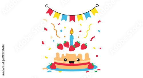 A happy birthday cake adorned with strawberries and a single lit candle surrounded by colorful confetti and celebratory bunting.