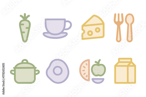 Minimalist food icons: colorful outline designs for modern digital projects