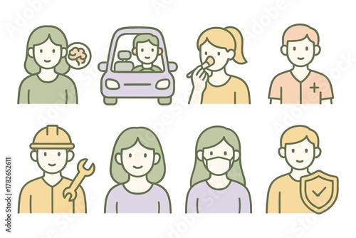 Linear style icons representing diverse professions and daily activities