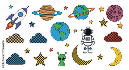 A collection of pixelated space elements including planets rockets astronauts aliens moons and stars.