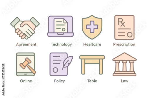 Icon set featuring business, healthcare, and law concepts in pastel colors