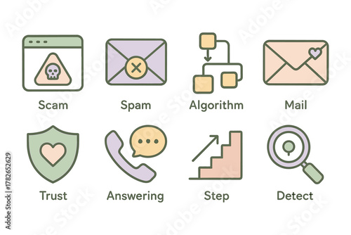 Cyber threats and communication icons in soft color style