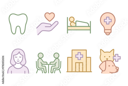 Healthcare and wellness icons set featuring medical and dental symbols in pastel colors