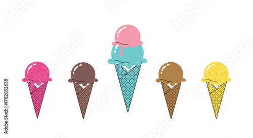 A colorful assortment of pixel art ice cream cones arranged in a playful row.