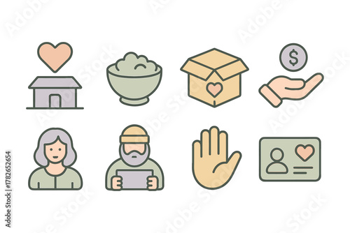 Charity and donation symbols: heart, home, food, box, hand, tablet, id, profile