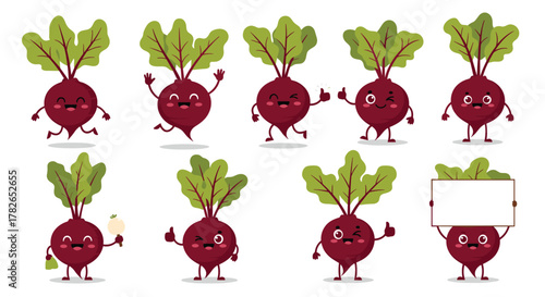 Cute beet root cartoon character collection with various poses and emotions.