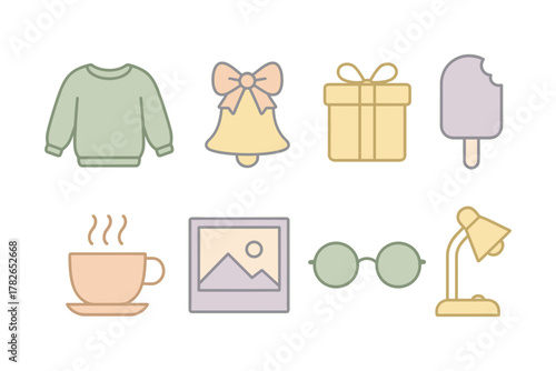 Minimalist pastel icons: cozy sweater, gifts, cozy beverages, and decor