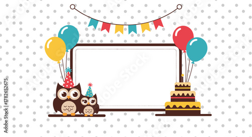 A delightful and whimsical owl themed birthday celebration with balloons and cake.
