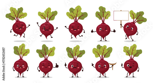 Collection of happy and funny beetroot characters with different emotions and poses.