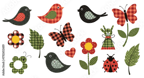 A collection of charming country-style stitched embellishments featuring birds butterflies ladybugs flowers leaves and a whimsical creature.