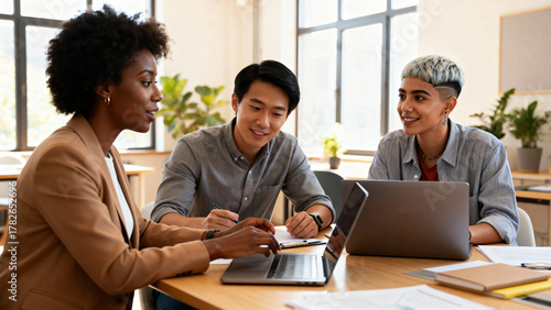 A diverse team collaborating in a modern office during a business meeting with laptops