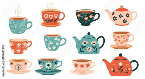 A charming collection of pixel art teacups and teapots with floral designs.