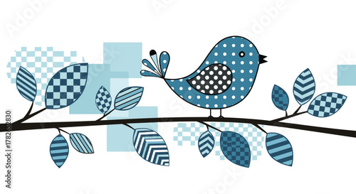 A charming blue bird perched on a decorative branch with patterned leaves.