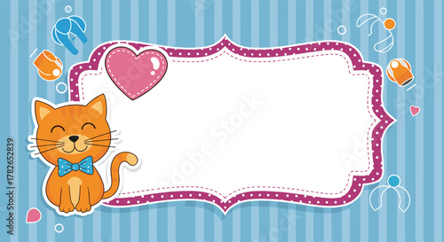 A cute cartoon ginger cat with a blue bow tie sits beside a decorative frame with a pink heart.