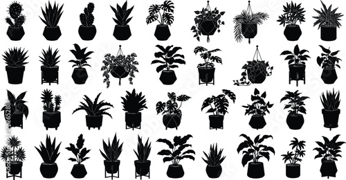 Potted plant silhouette collection, indoor decorative foliage vector art, botanical black icons, ornamental houseplants design, diverse greenery illustration, modern decor graphics