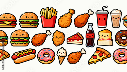 Fast food, hamburgers, French fries, fried chicken, hot dogs, sandwiches, soda, pizza, chicken legs, tacos, chicken rolls, cartoon hand-drawn vector illustrations