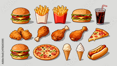 Fast food, hamburgers, French fries, fried chicken, hot dogs, sandwiches, soda, pizza, chicken legs, tacos, chicken rolls, cartoon hand-drawn vector illustrations