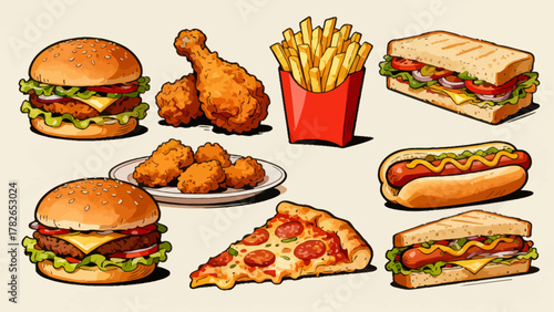 Fast food, hamburgers, French fries, fried chicken, hot dogs, sandwiches, soda, pizza, chicken legs, tacos, chicken rolls, cartoon hand-drawn vector illustrations
