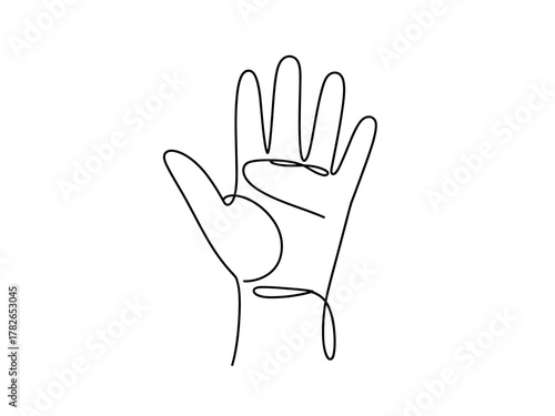 A single continuous line drawing depicts an open hand, palm facing forward, against a clean white background.