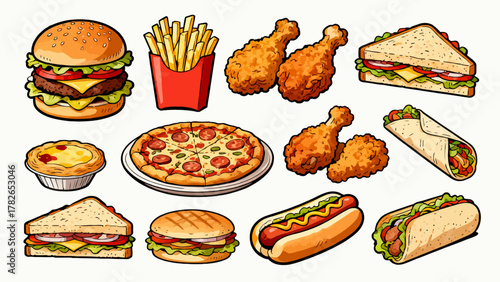 Fast food, hamburgers, French fries, fried chicken, hot dogs, sandwiches, soda, pizza, chicken legs, tacos, chicken rolls, cartoon hand-drawn vector illustrations