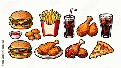 Fast food, hamburgers, French fries, fried chicken, hot dogs, sandwiches, soda, pizza, chicken legs, tacos, chicken rolls, cartoon hand-drawn vector illustrations
