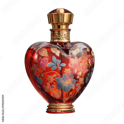 Colorful Heart-Shaped Bottle With Floral Design, Resting on a Simple Backgrou...