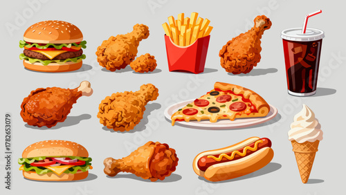 Fast food, hamburgers, French fries, fried chicken, hot dogs, sandwiches, soda, pizza, chicken legs, tacos, chicken rolls, cartoon hand-drawn vector illustrations