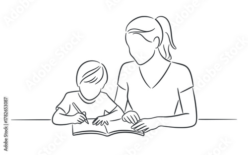 A woman patiently guides a child as they diligently write in an open book, fostering learning and education.